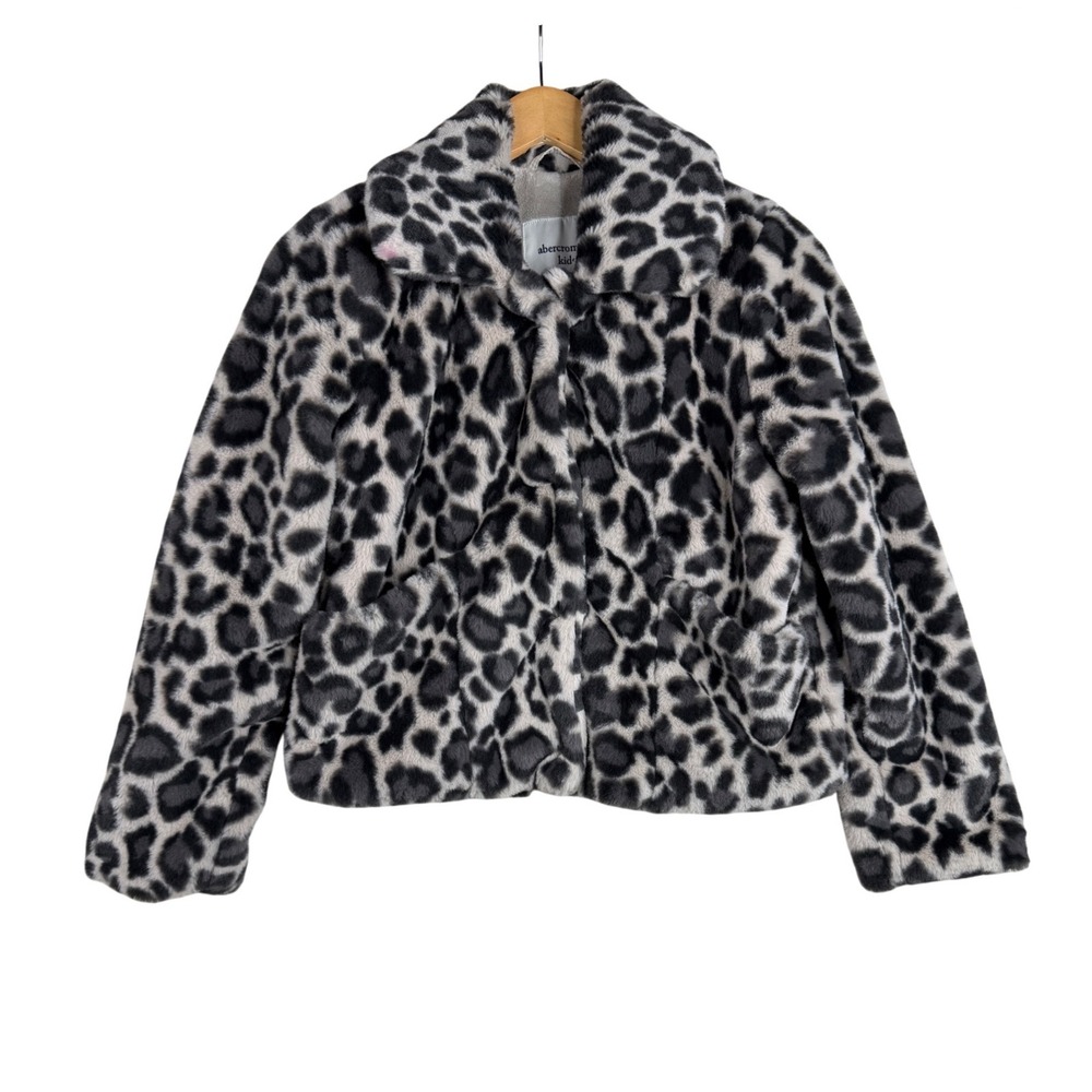 NWT Abercrombie Kids Faux Fur Leopard Print Coat Jacket size 13/14 White/Gray